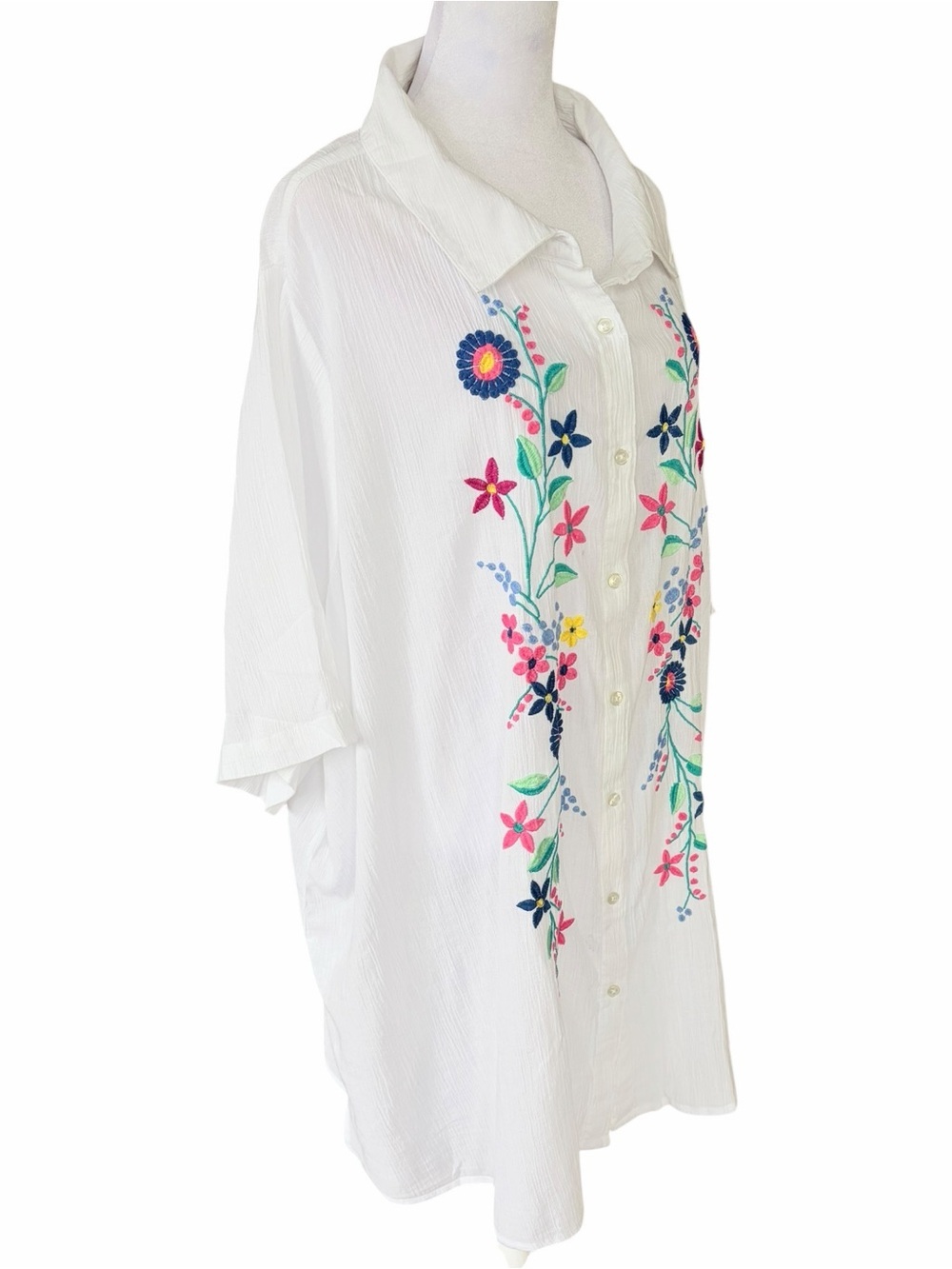 Woman Within White Button-Front Shirt with Multicolor Floral Embroidery - Picture 2 of 7
